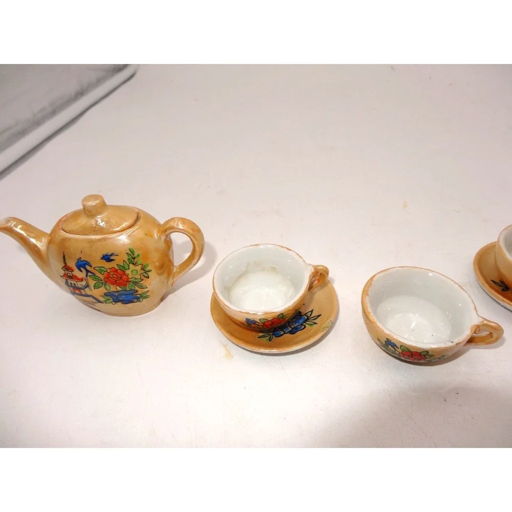 Vintage Lusterware Childs Floral Porcelain 10 Piece Orange/Peach &‎ Blue TeaSet